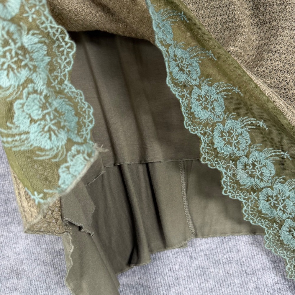 Suzanne Betro Size-L Tunic Top Olive Green Lace Trim Sharkbite Long Sleeve - Picture 9 of 10